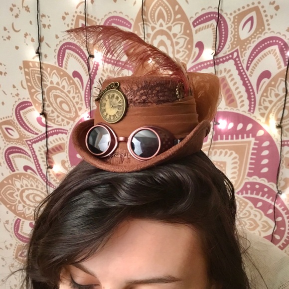 Accessories - Steampunk Headband Mini Hat Brown with Feather